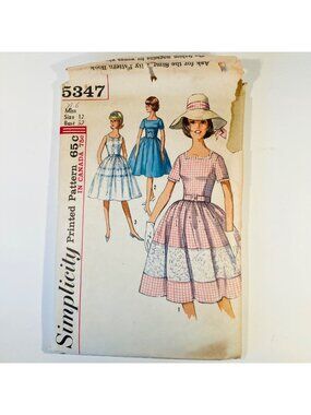 1960s Simplicity 5347 Sz 12 B32 Full Skirt Dress & Matching Hat Band Pattern CC